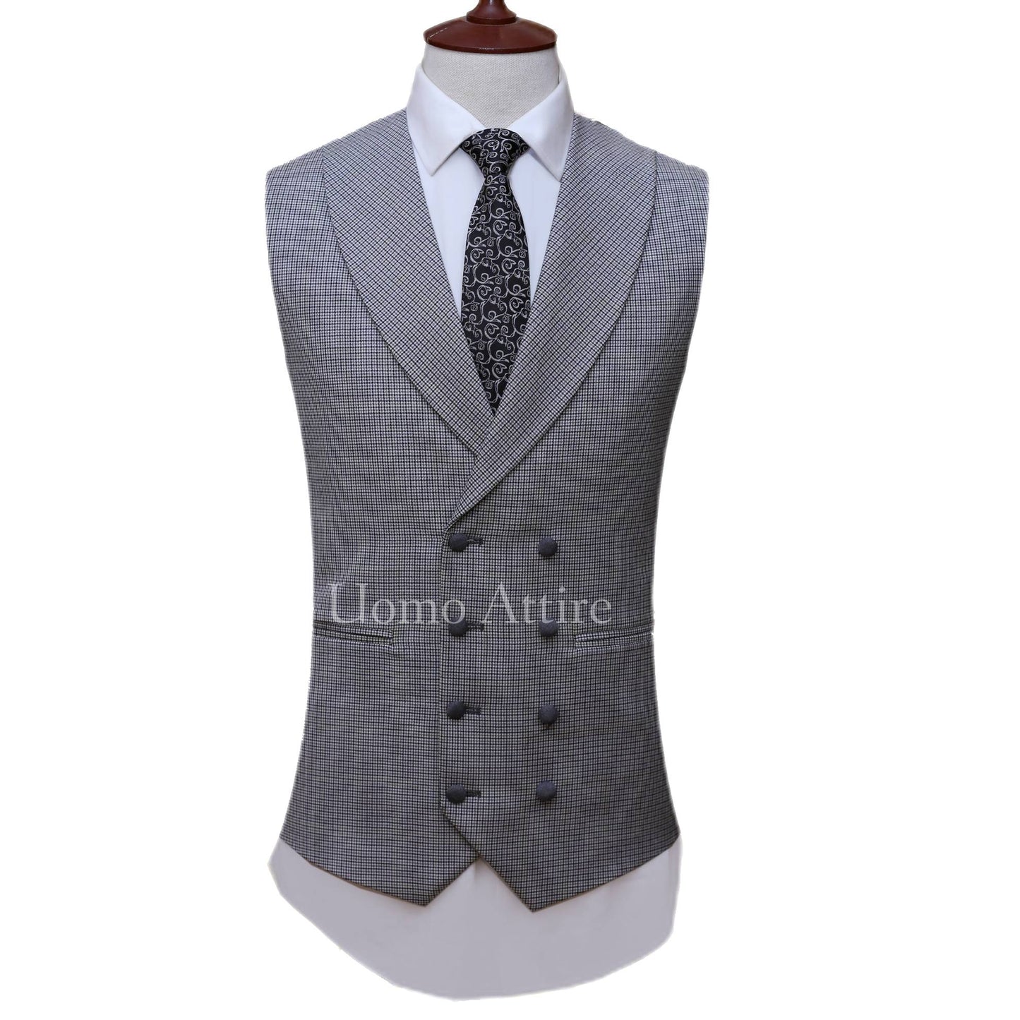 Silver grey three piece suit with v shape shawl lapel vest