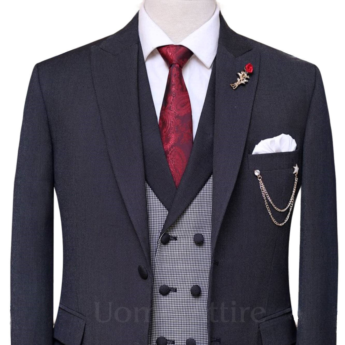 Slef embossed bird eye textured ash grey three piece suit 2
