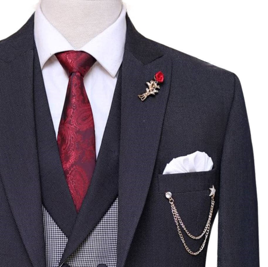 Slef embossed bird eye textured ash grey three piece suit 2