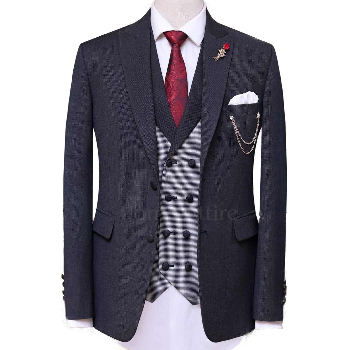 Slef embossed bird eye textured ash grey three piece suit