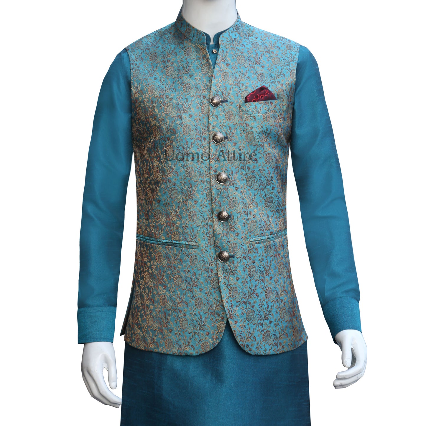 
                  
                    Slim fitted imported jamawar waistcoat with golden brass buttons
                  
                