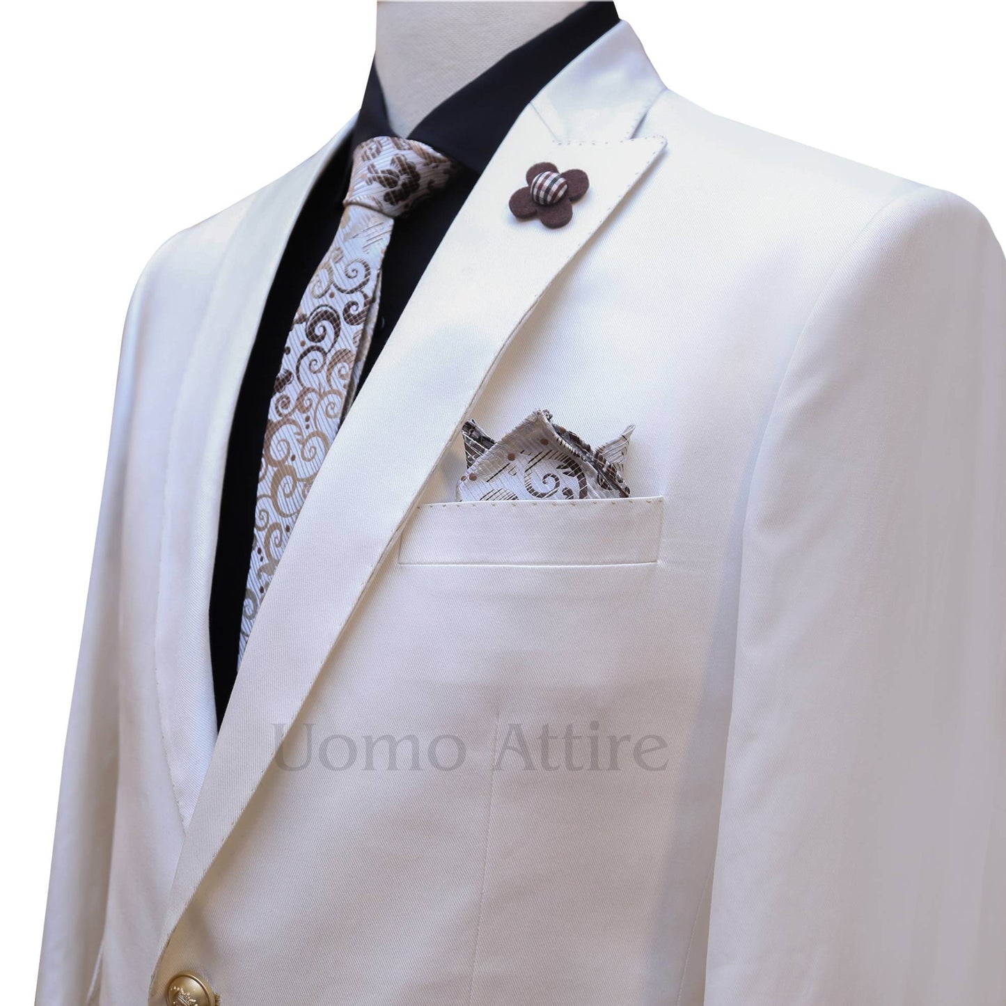 White double button 2 piece suit pocket square, white suit for men