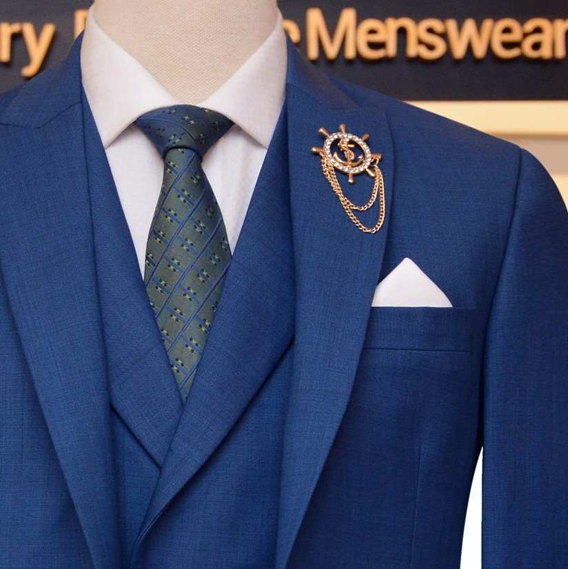 mens blue 3 piece suit with formal mens tie and custom made pocket sqaure