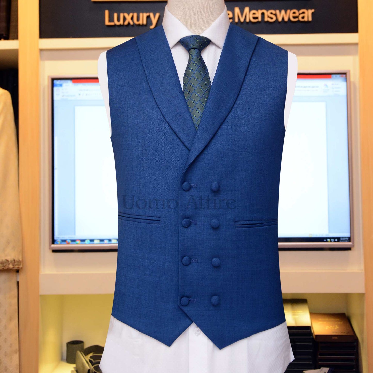 mens zinc blue 3 piece suit vest, mens blue suit with double breasted vest