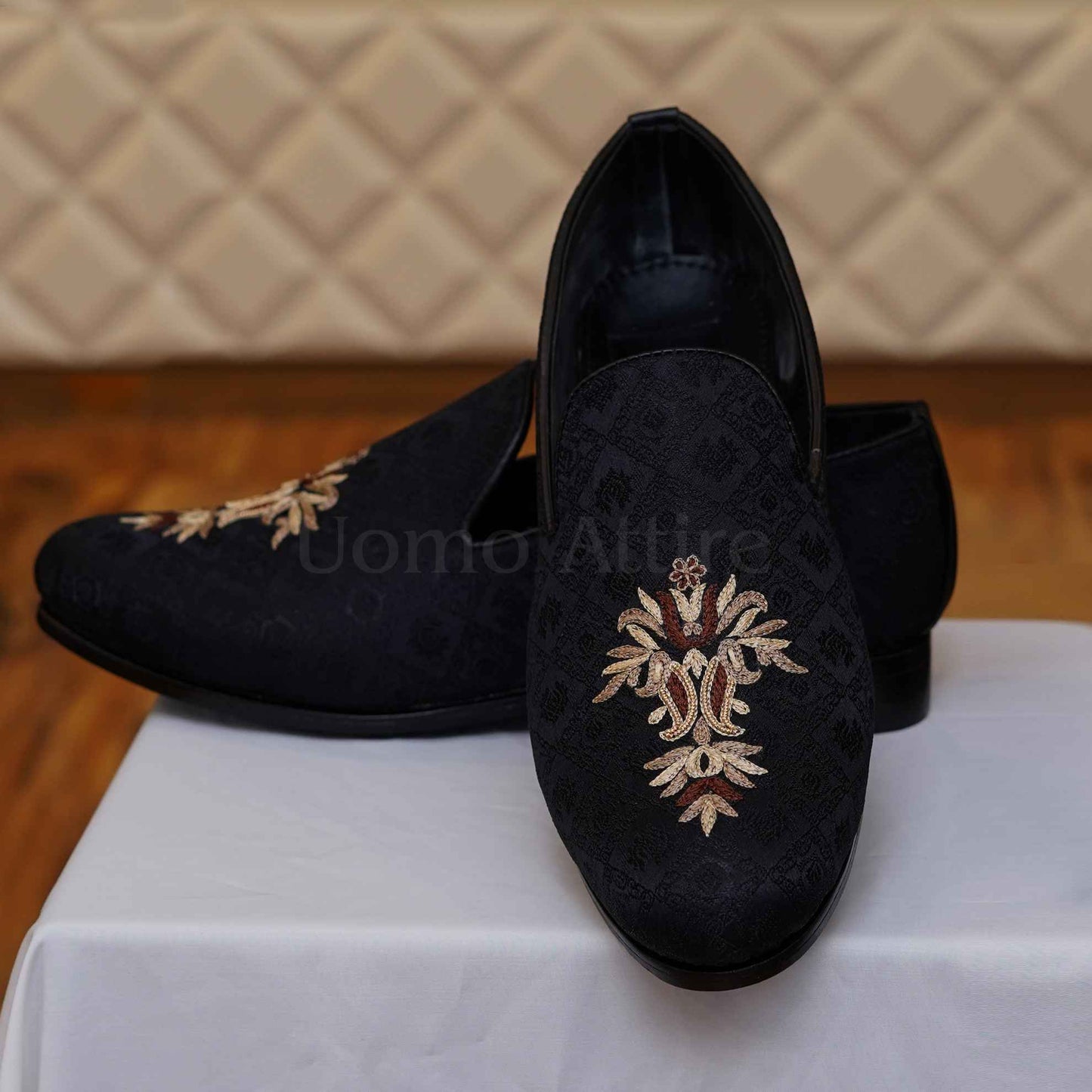 
                  
                    Self textured black shoes with hand embellishments for wedding
                  
                