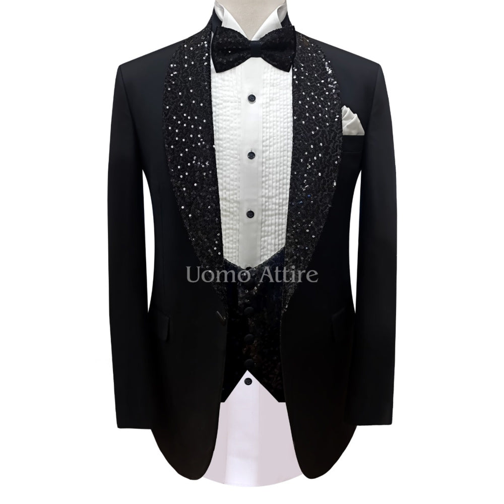 Tailor-made black tuxedo three piece suit with sequin fabric shawl, black tuxedo suit, black tuxedo suit with sequin fabric shawl lapel and single breasted vest