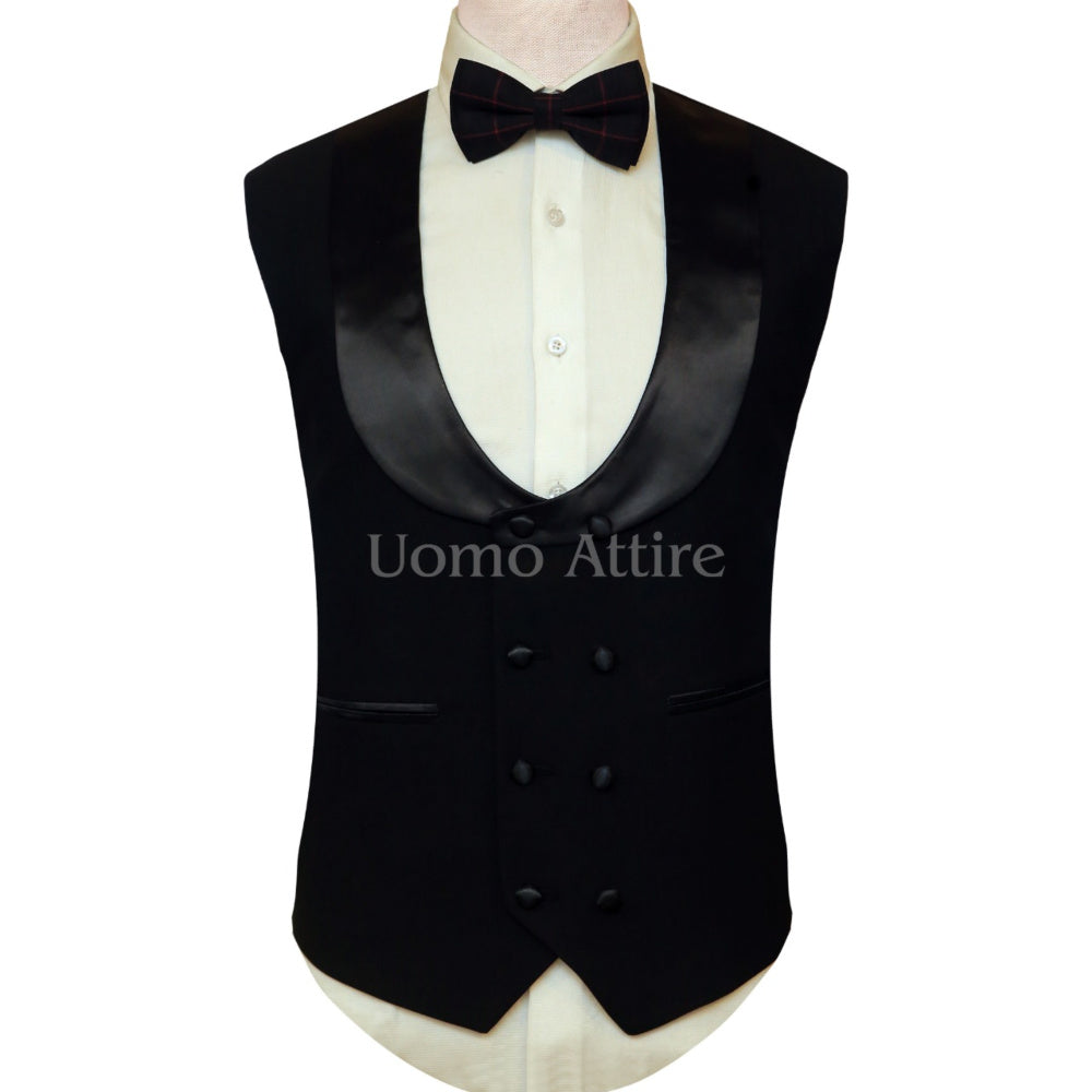 Latest designed customized black tuxedo 3 piece suit, black tuxedo suit, black tuxedo suit with embellished shawl and shawl lapel double-breasted vest