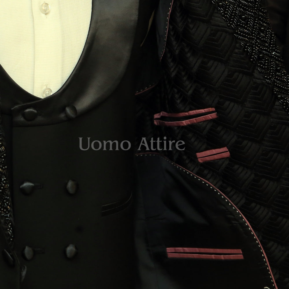 Latest designed customized black tuxedo 3 piece suit, black tuxedo suit, black tuxedo suit with embellished shawl and shawl lapel double-breasted vest