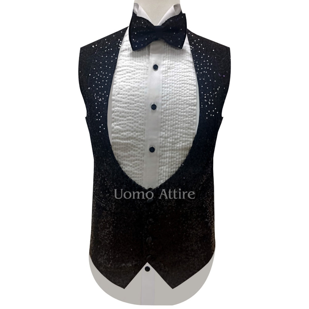 Tailor-made black tuxedo three piece suit with sequin fabric shawl, black tuxedo suit, black tuxedo suit with sequin fabric shawl lapel and single breasted vest