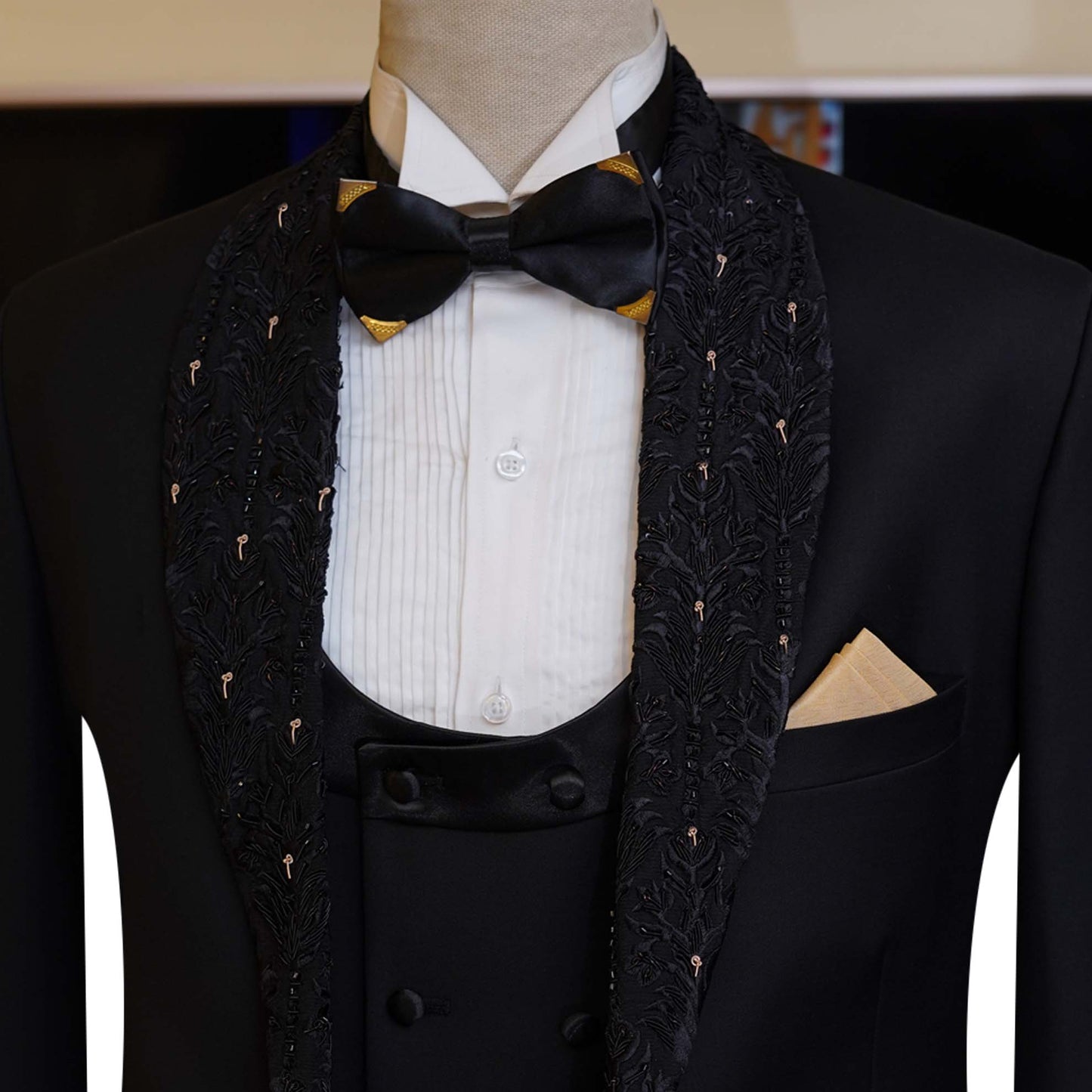 Men's black tuxedo 3 piece suit with embellished shawl and U-Shaped vest, black tuxedo suit, tuxedo suit