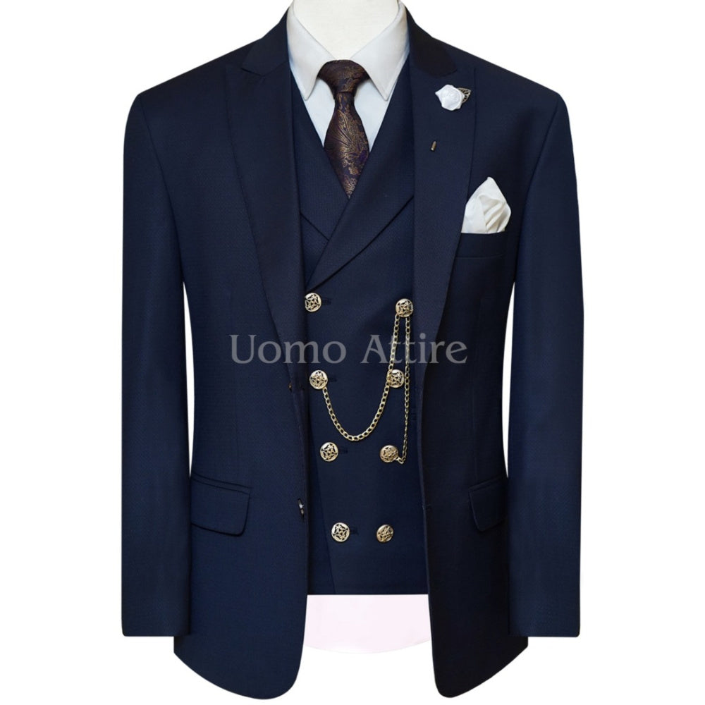 
                  
                    Navy blue slim fit bespoke wedding three piece suit
                  
                