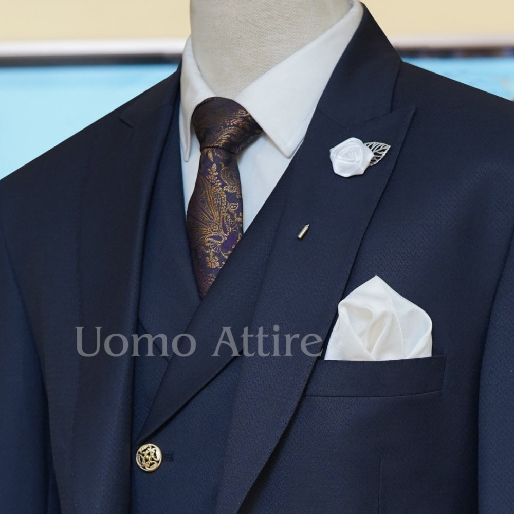 Navy blue slim fit bespoke wedding three piece suit
