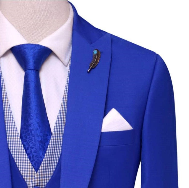 royal blue 3 piece suit for men pocket square and lapel pin