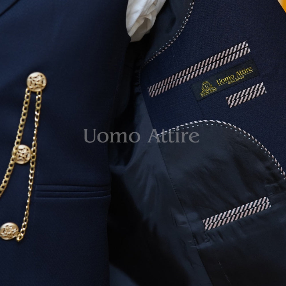 Navy blue slim fit bespoke wedding three piece suit inside