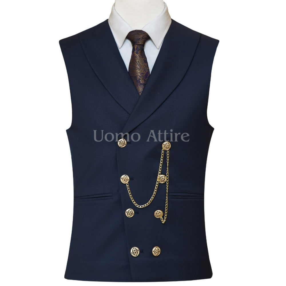 Navy blue slim fit bespoke wedding three piece suit waistcoat