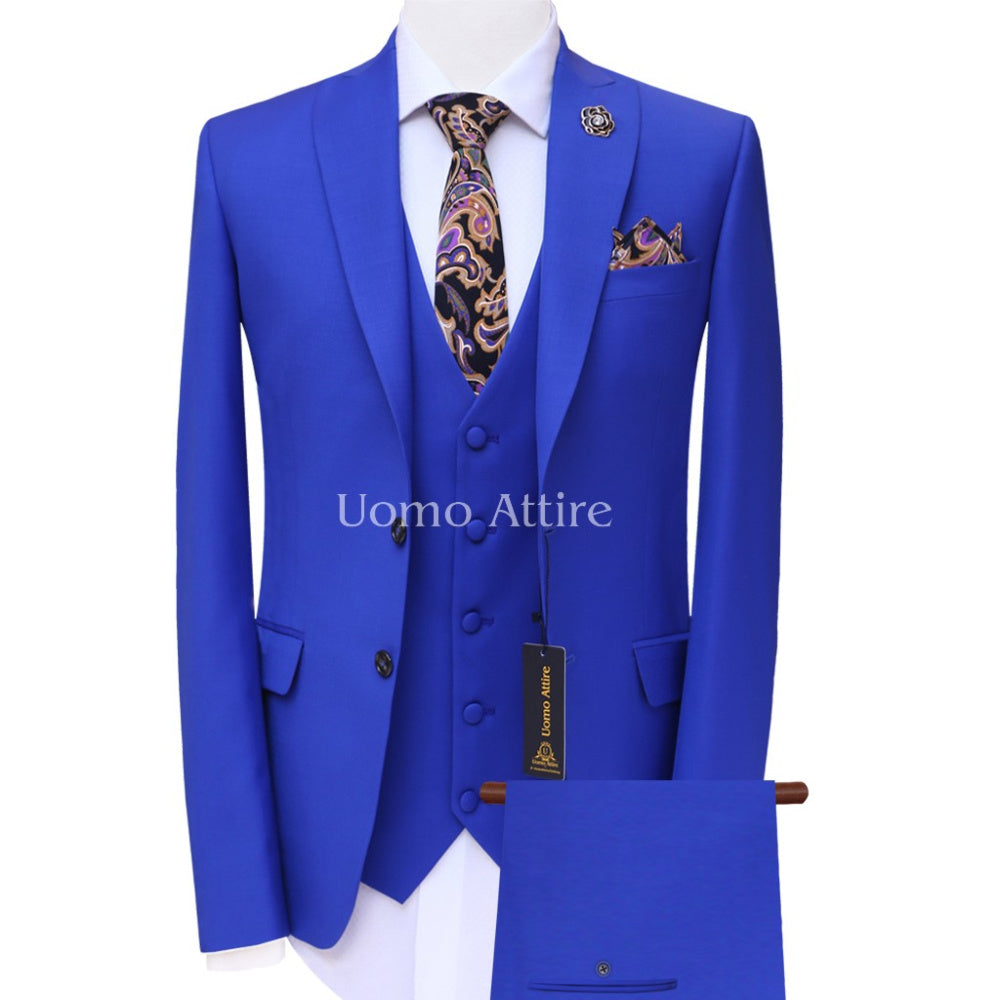 Royal blue for glamorous look three piece suit, blue suits for men