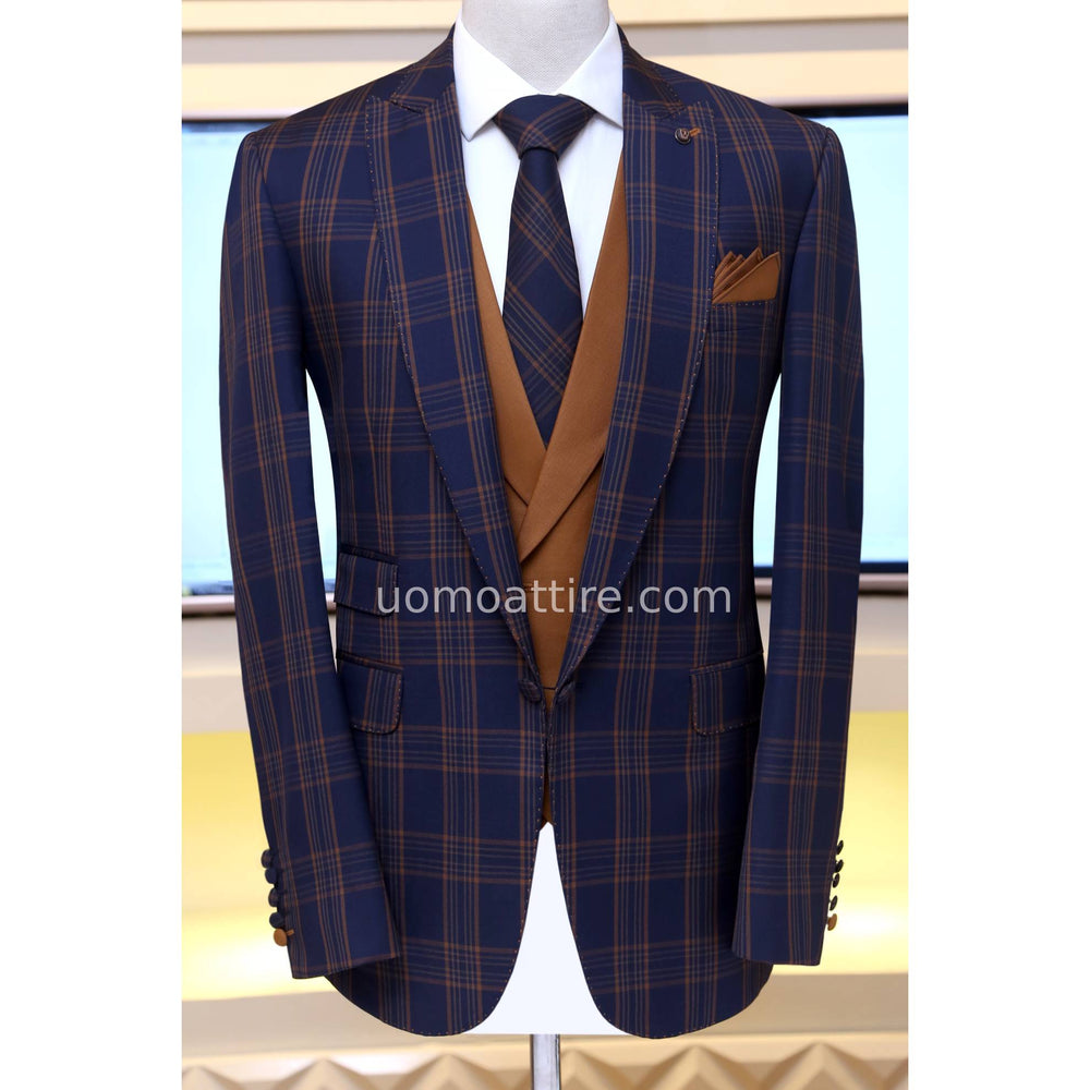 blue and brown check 3 piece suit with same fabric formal tie