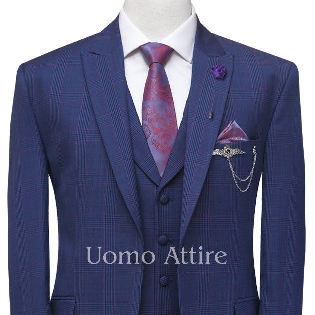 blue check 3 piece suit with shawl lapel vest and formal tie
