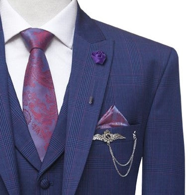 blue check 3 piece suit for men with pocket square and chain broch