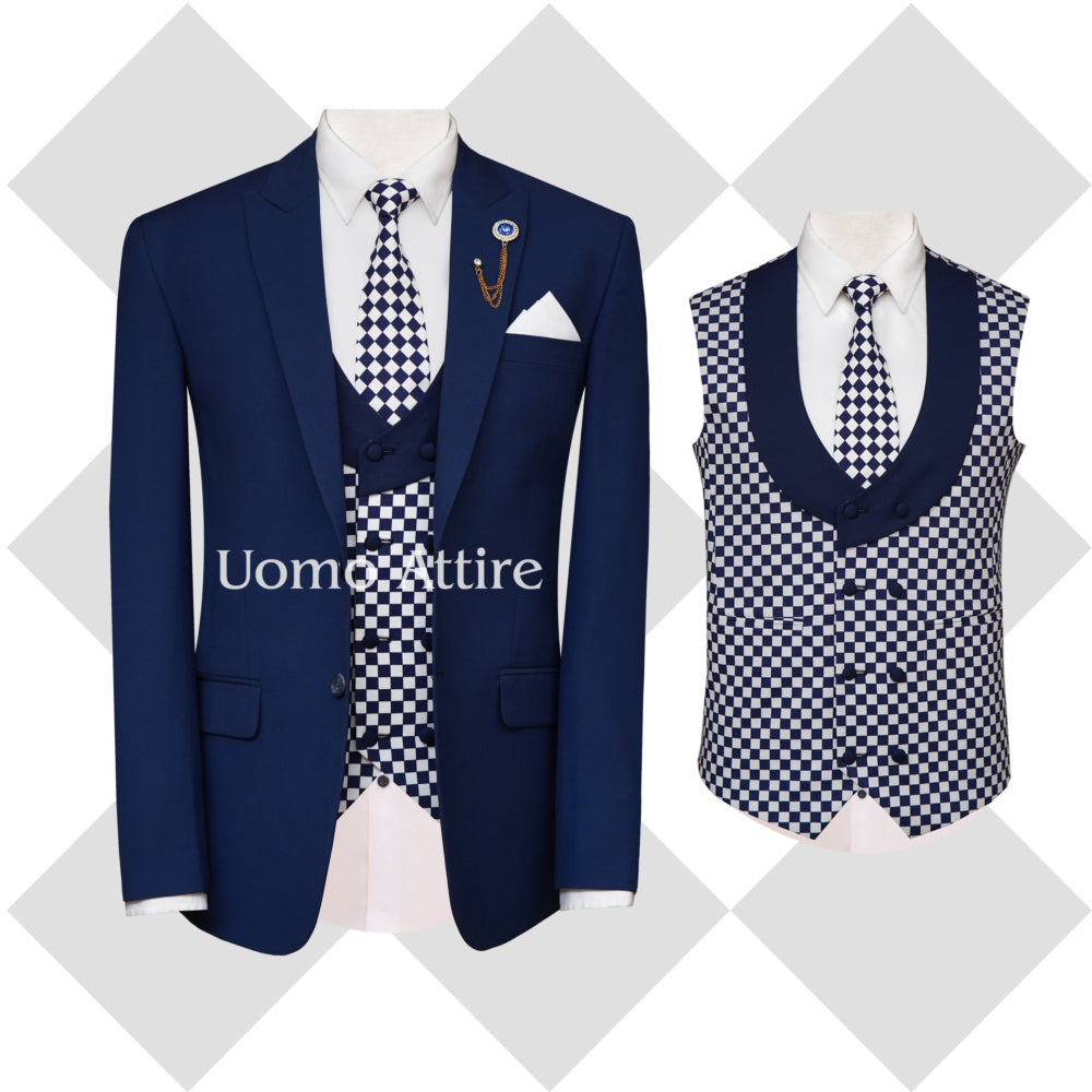 Blue three piece suit for men with mini checkered double breasted vest