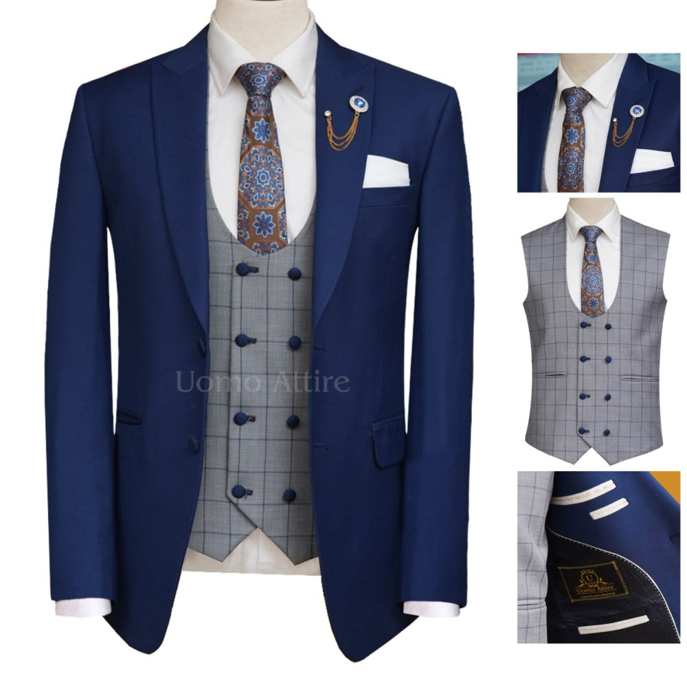 Made-to-order light weight woolen Italian 3 piece suit, blue suits, blue suits for men, Italian blue suit