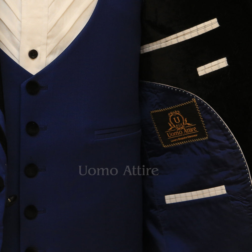Tailored-made blue tuxedo three piece suit for elegent look, tuxedo suit, blue tuxedo suit, blue tuxedo suit with double piping wide shawl and signle breasted vest, blue suit, blue suit for men