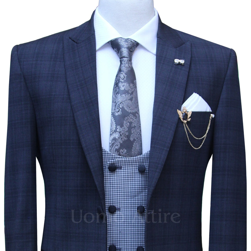 
                  
                    dark blue check three piece suit with double breasted vest and peak lapel shawl, 3 piece suit for men
                  
                