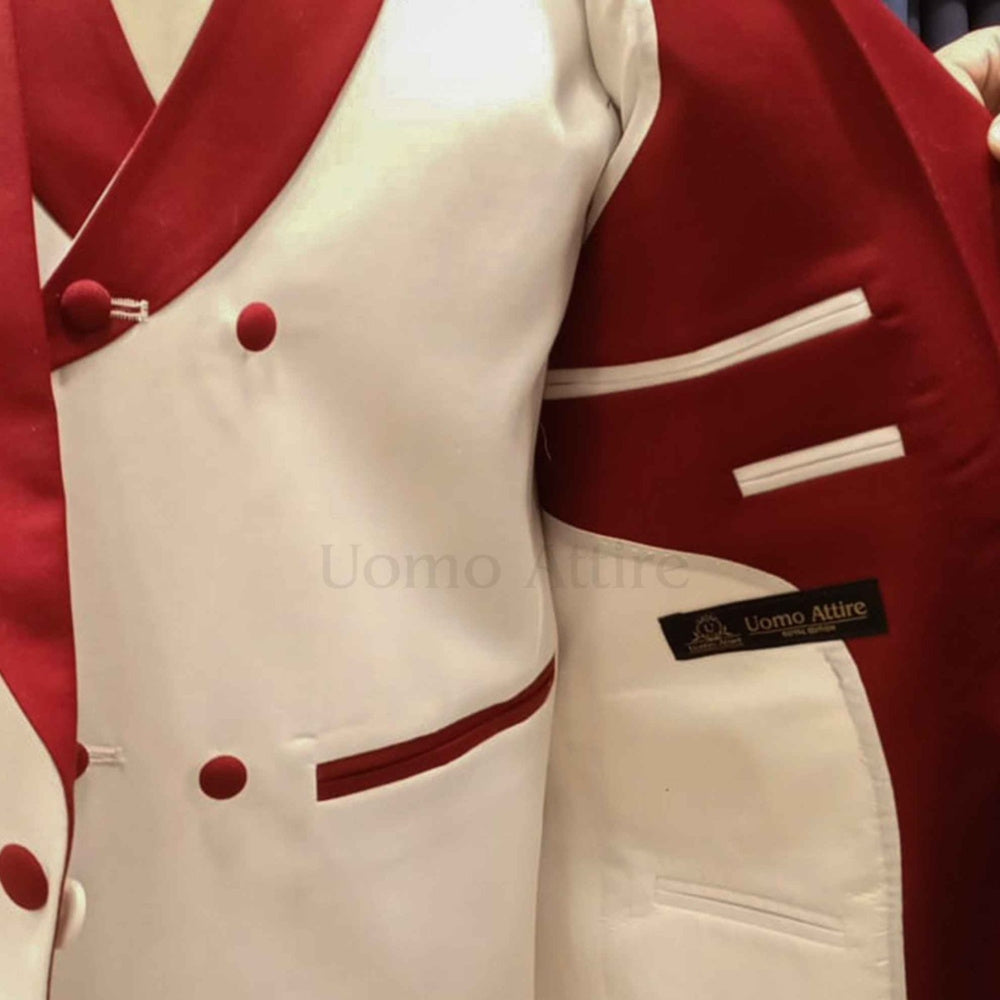 Custom-tailored slim fit tuxedo three piece suit with contrast shawl, tuxedo suit, tuxedo, tuxedo suit with contrast buttons and double-breasted vest