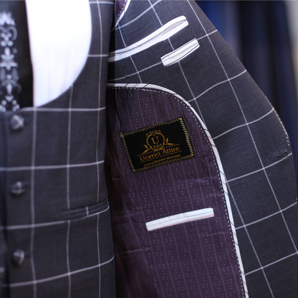 
                  
                    dark grey windowpane check 3 piece suit inside linning fashion
                  
                