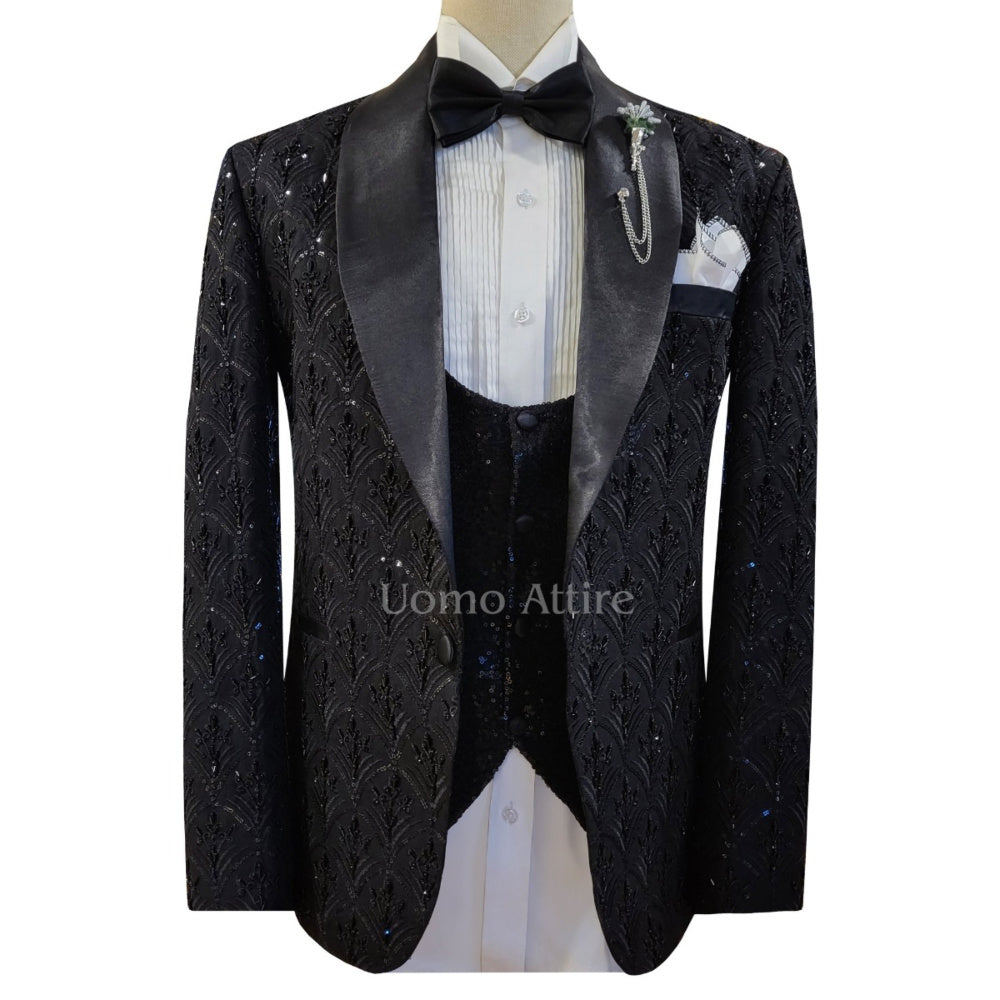 
                  
                    Custom-tailored black tuxedo 3 piece suit, tuxedo suit, embellished black tuxedo suit, sequin fabric single-breasted vest tuxedo
                  
                