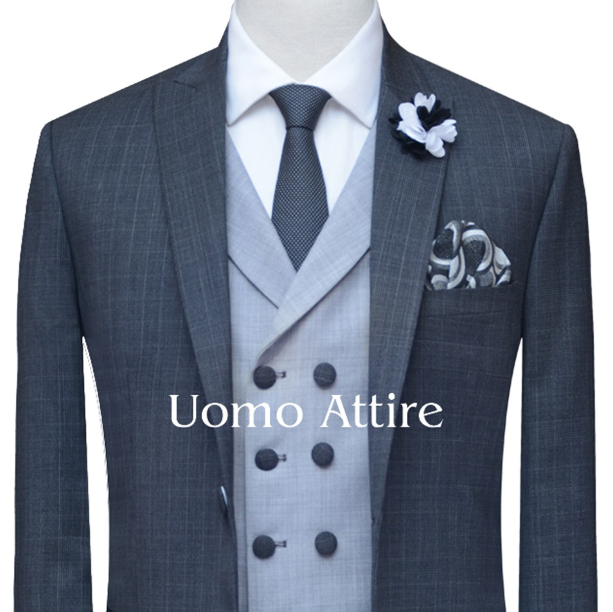 Pure Italian glen check contrast bespoke 3 piece suit for men with double breasted fabric buttons vest