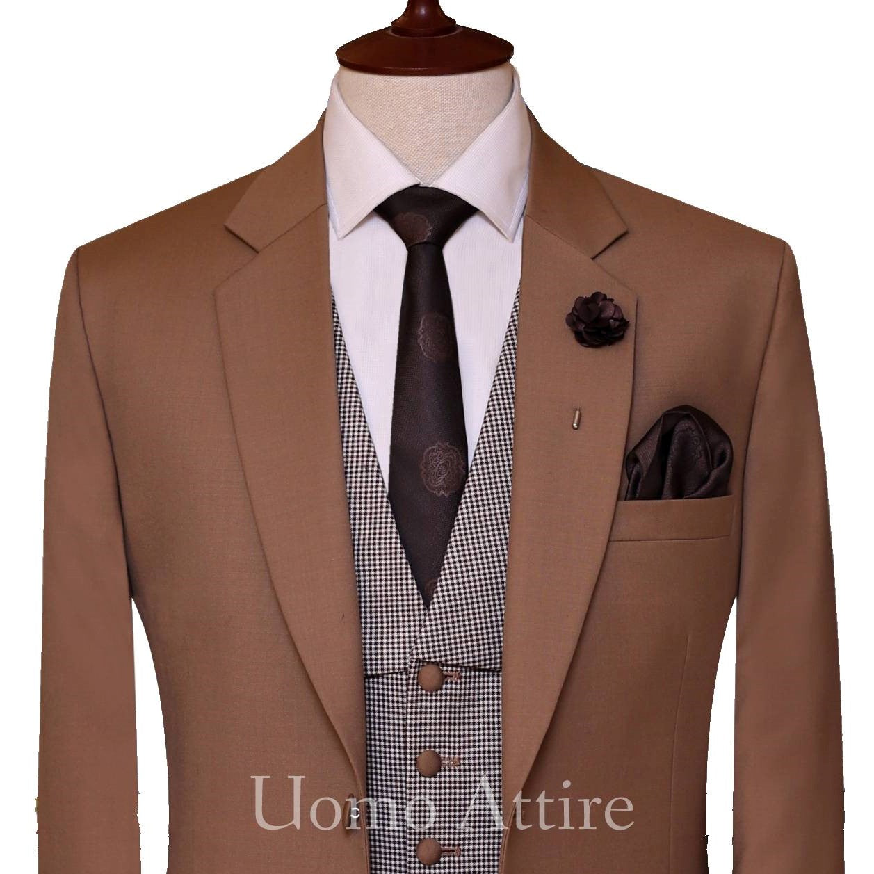 golden three piece suit with mini check single breasted vest