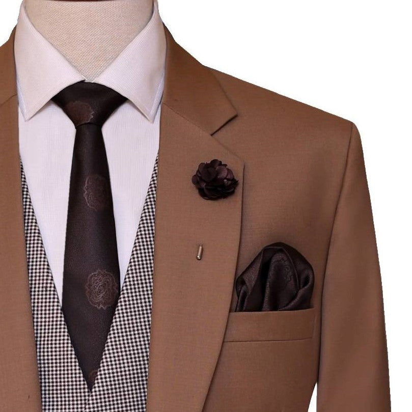 golden three piece suit with mini check single breasted vest and formal tie