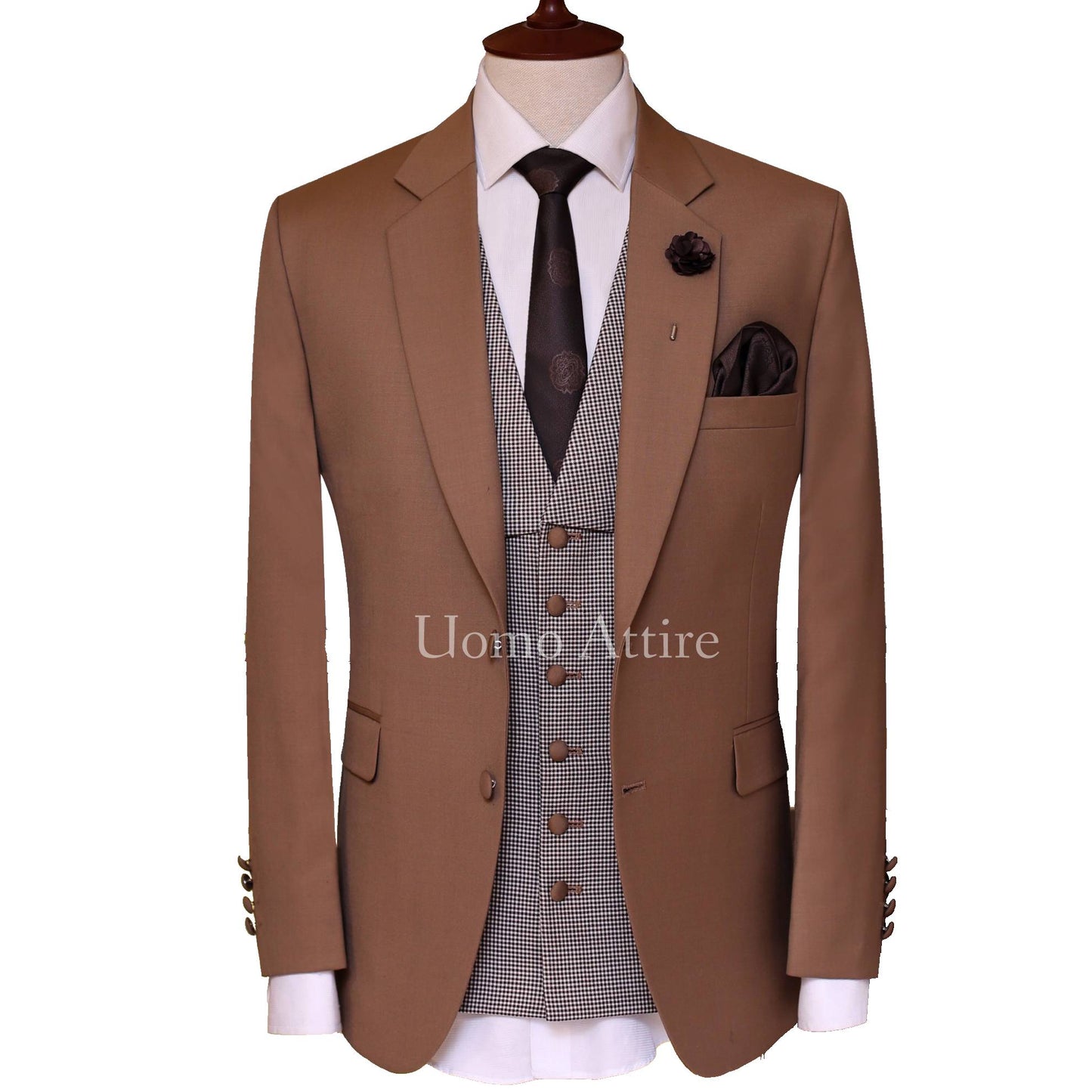 golden three piece suit with mini check single breasted vest