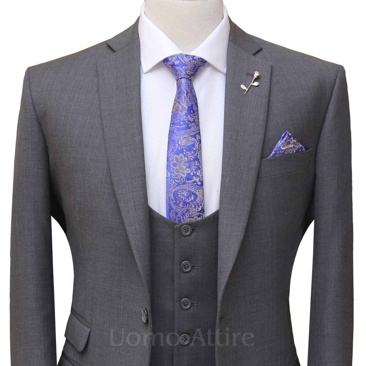 gray bespoke 3 piece suit with single breasted vest and self desing formal tie and pocket sqaure