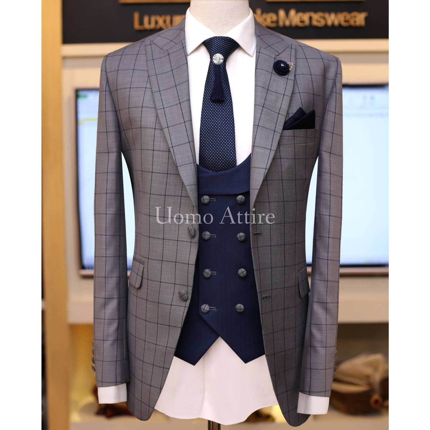 
                  
                    Gray windowpane check 3 piece suit with double breasted blue shawl laple vest, 3 piece suit for men
                  
                