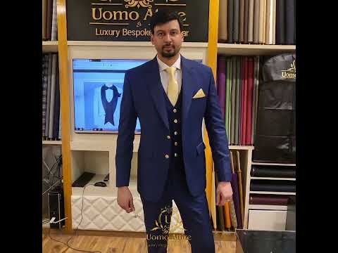 Load and play video in Gallery viewer, deep ink blue customized three piece suit with single breasted vest video