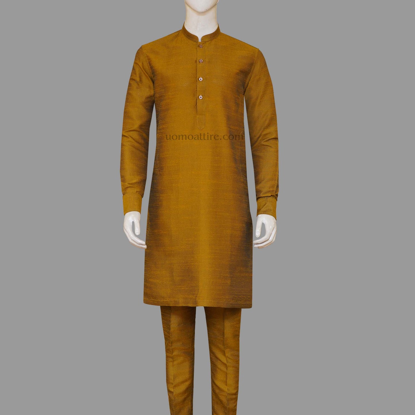Stylish and Traditional Yellowish Orange Raw Silk Fabric Kurta Pajama for Men