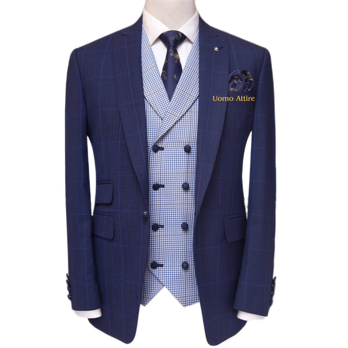 
                  
                    Made-to-measure light blue three piece, light blue 3 piece suit for men with double breasted mini check vest
                  
                