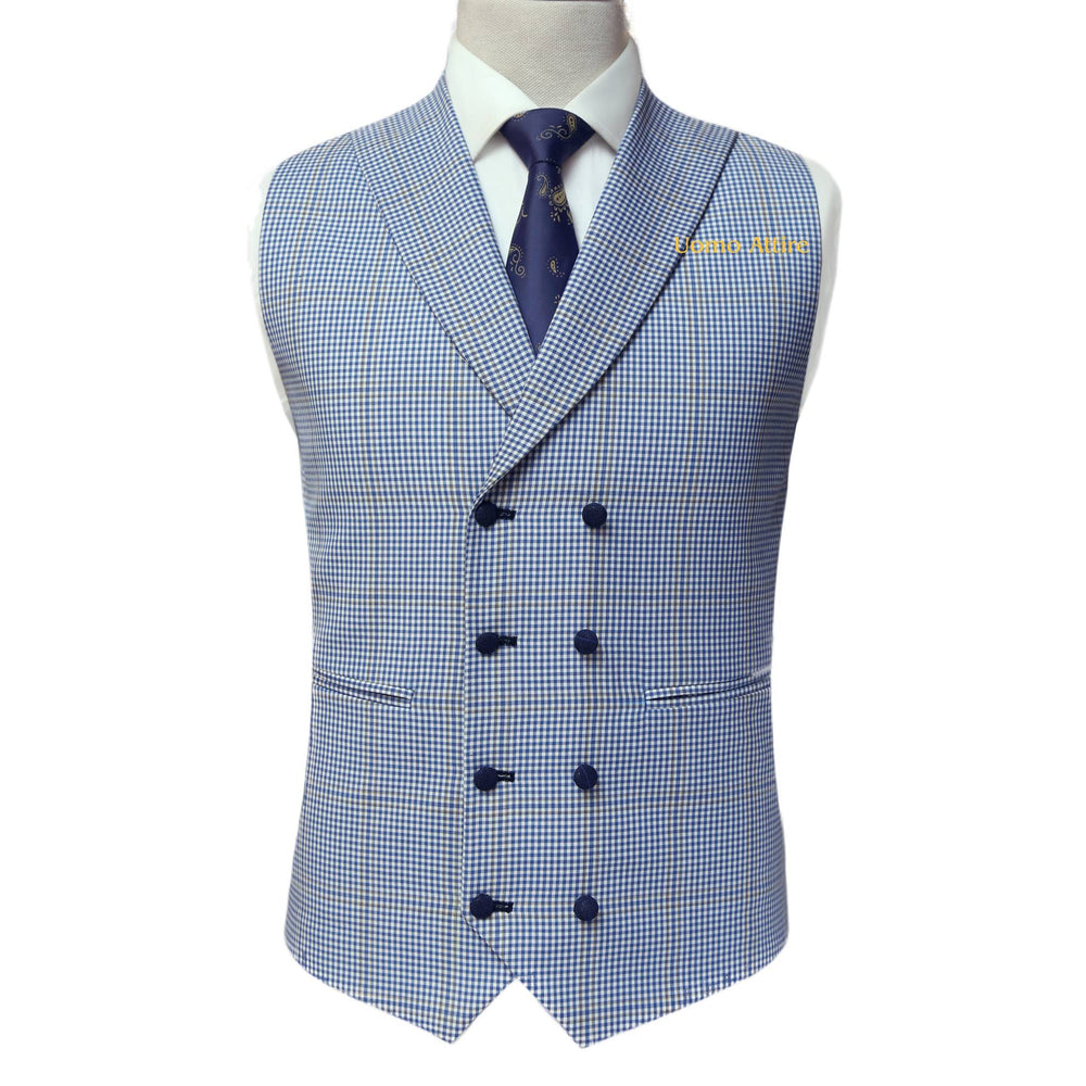 
                  
                    Made-to-measure light blue three piece, light blue 3 piece suit for men with double breasted mini check vest
                  
                