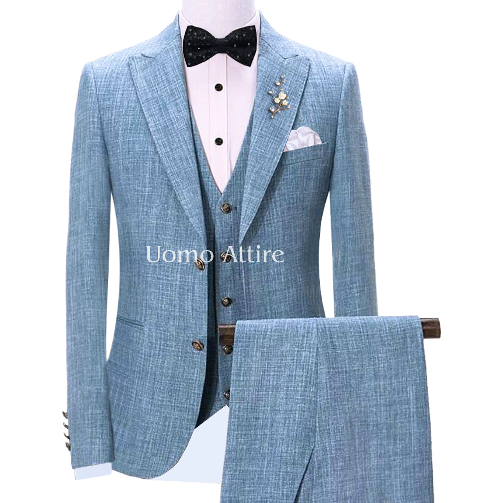 Light blue tuxedo 3 piece suit for wedding, tuxedo