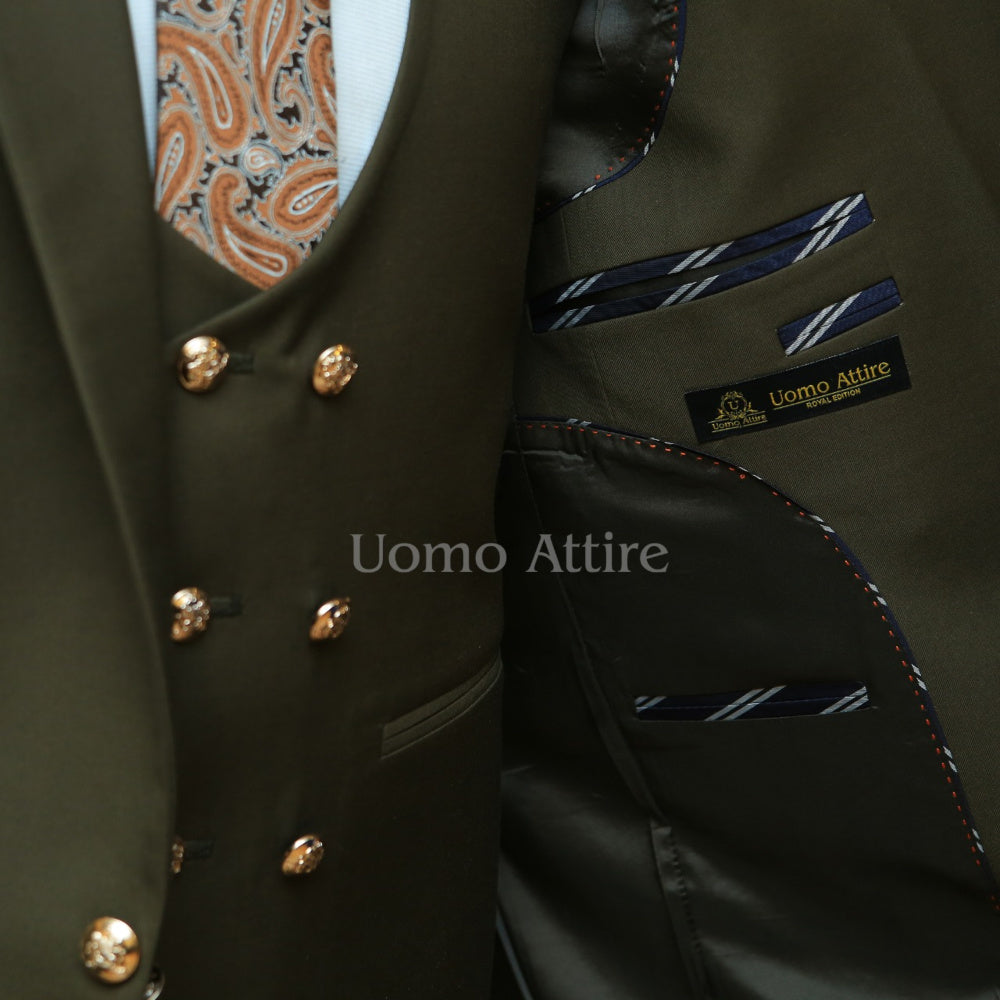 Olive green slim fit customized 3 piece suit