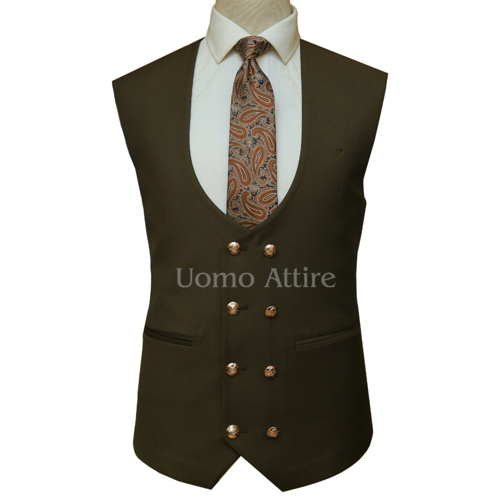 Olive green slim fit customized 3 piece suit waistcoat