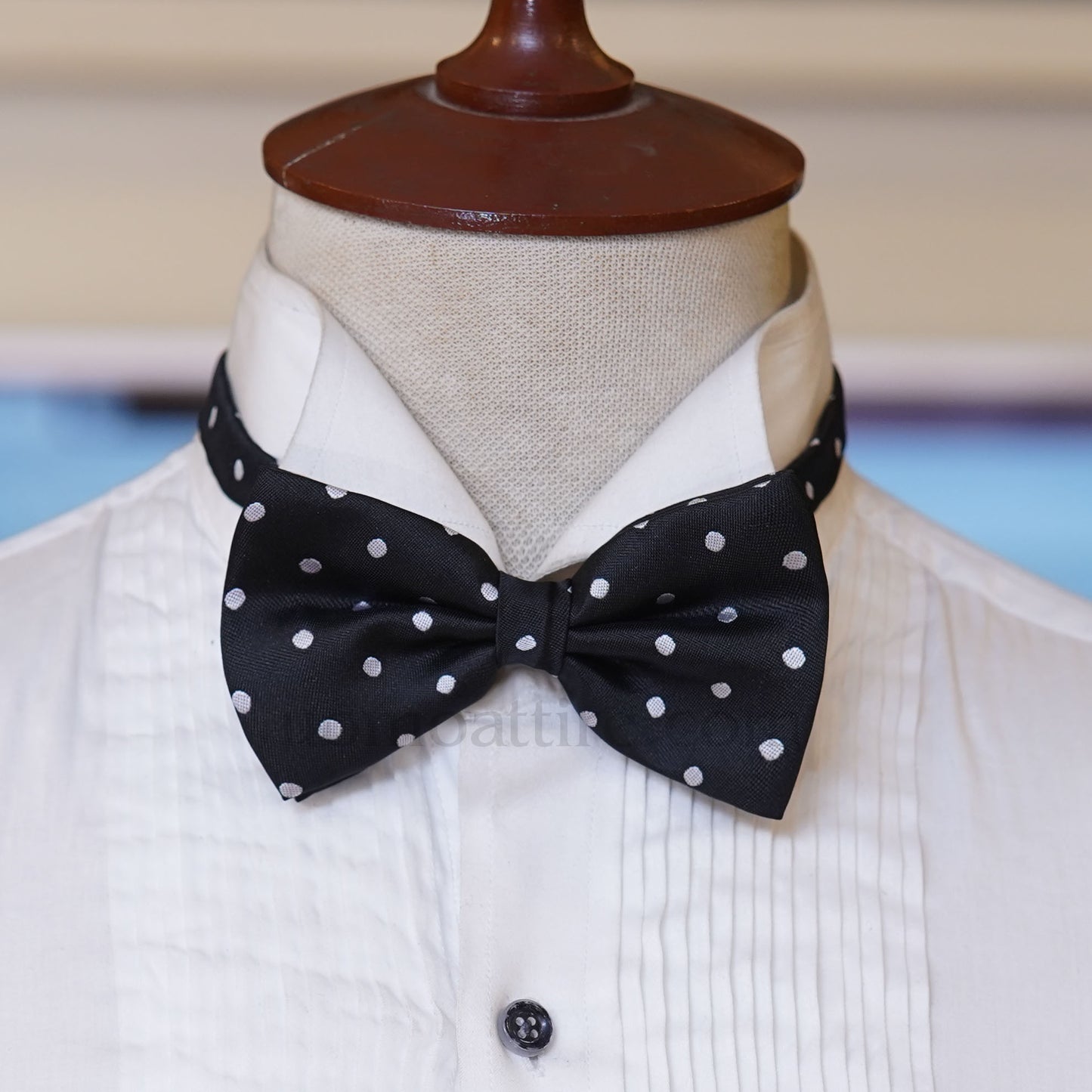 black polka dot bow tie, black bow tie