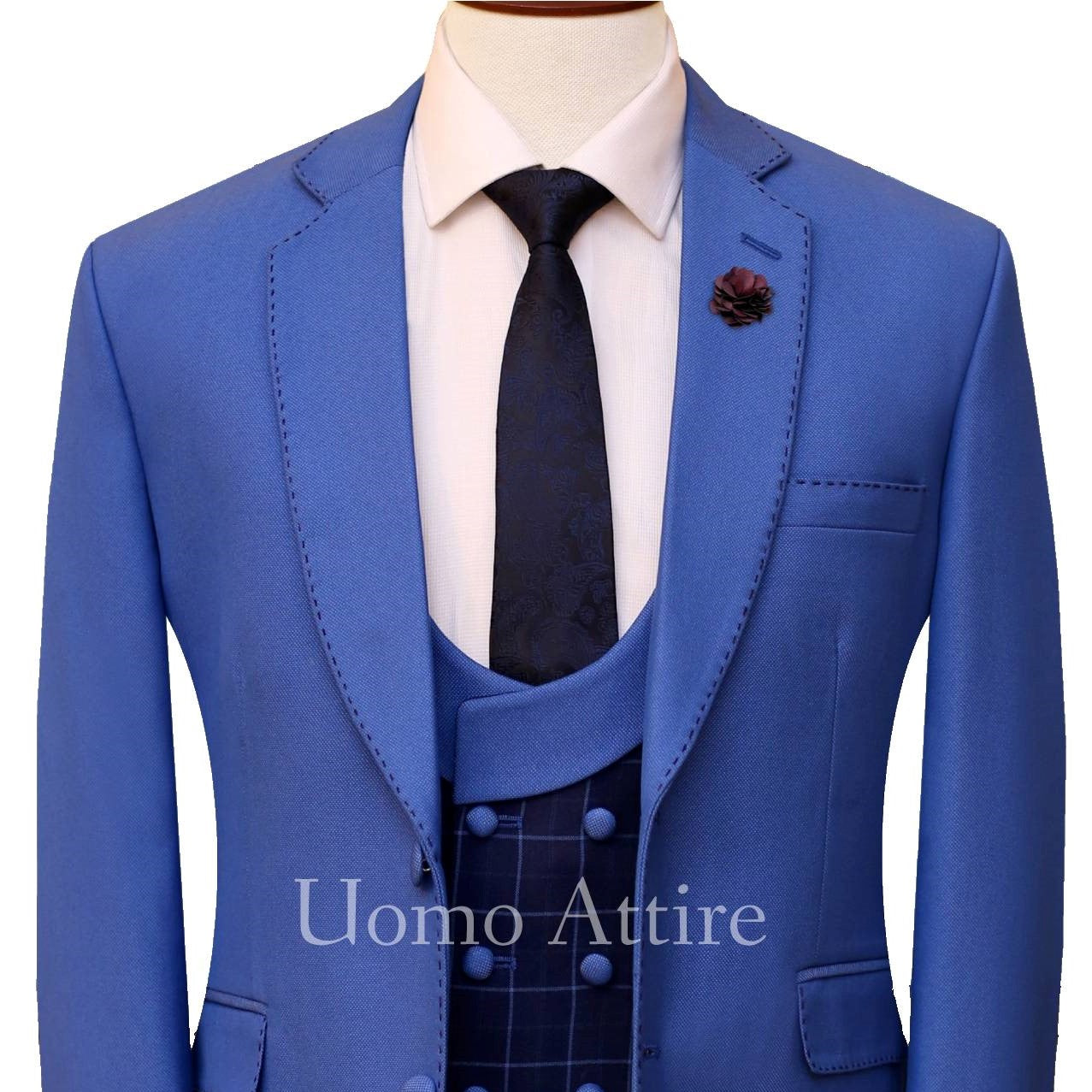 sky blue birds eye contrast three piece suit with formal tie
