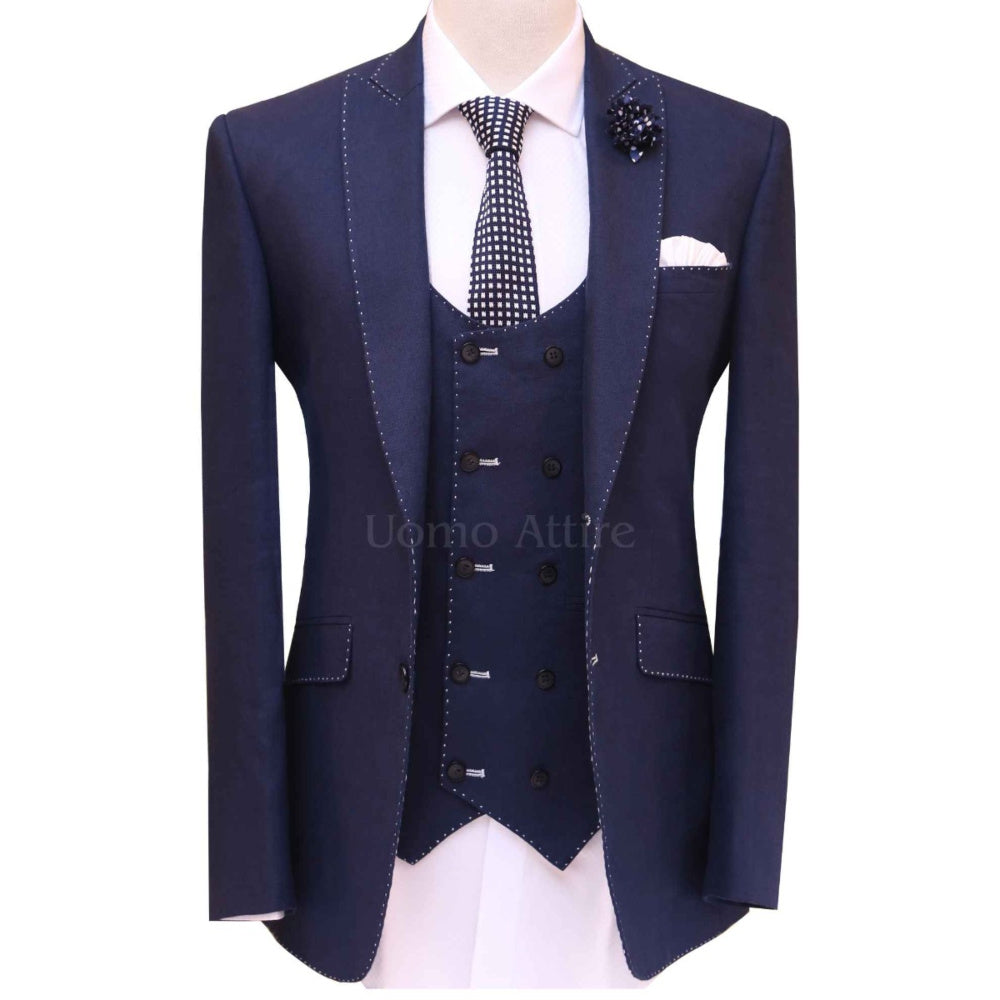 Pick stitch navy blue 3 piece suit, blue suits for men