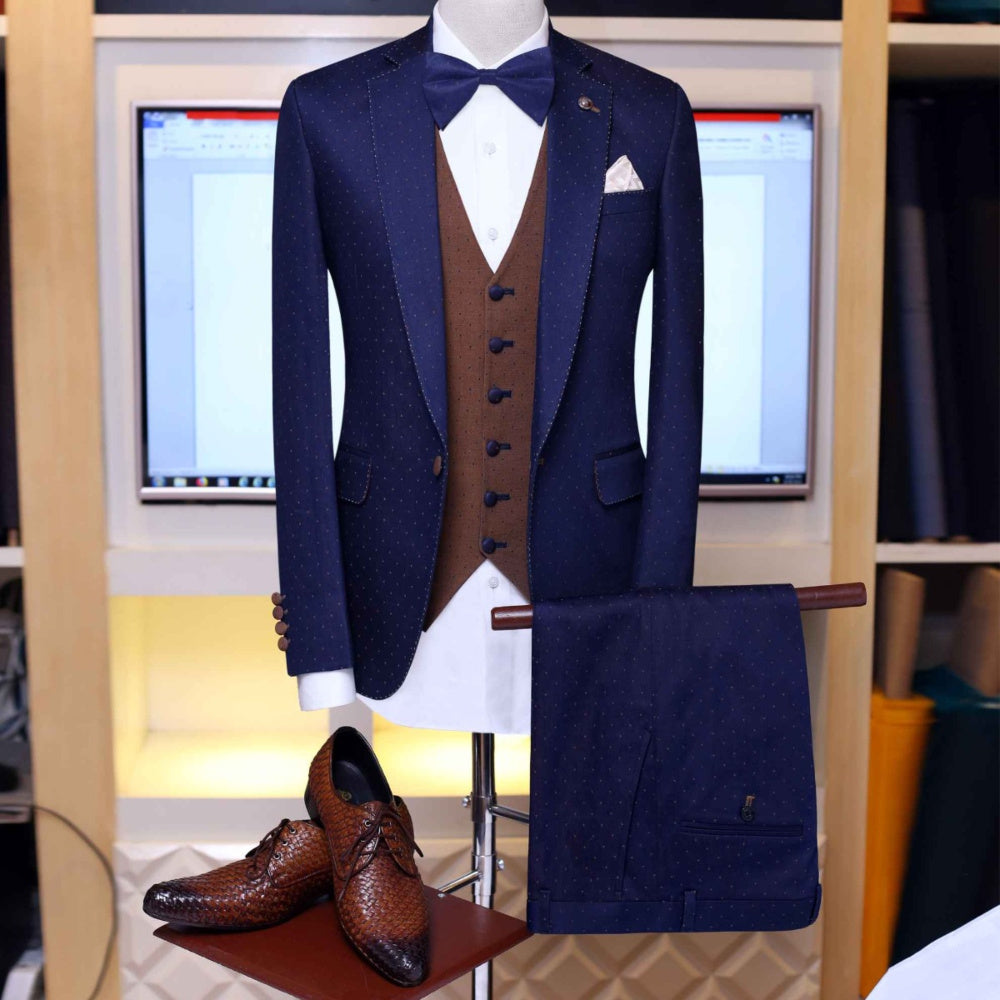 navy blue double three piece suit, blue suits for men