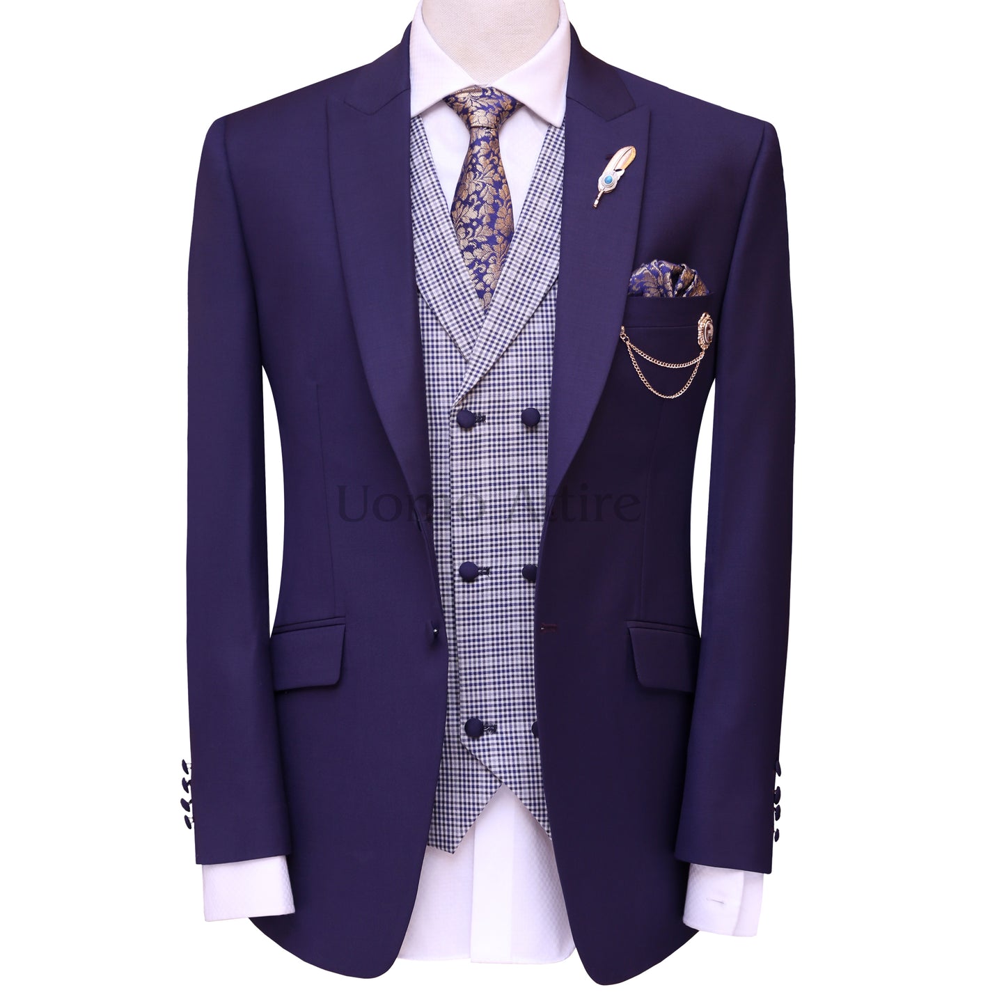 Bespoke plum three piece suit in pure italian fabric, bespoke plum color three piece suit with mini check double breasted and shawl lapel vest
