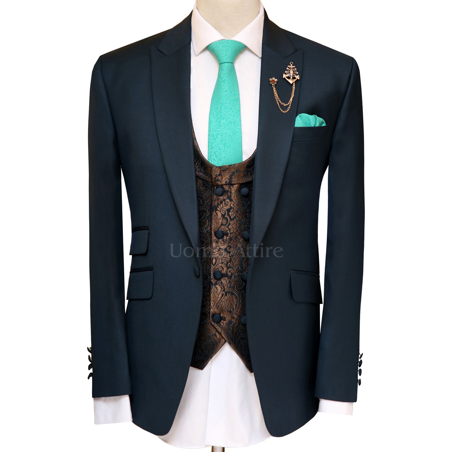 Made-to-measure deep green three piece suit, deep green 3 piece suit with jamawar double breasted shawl lapel vest