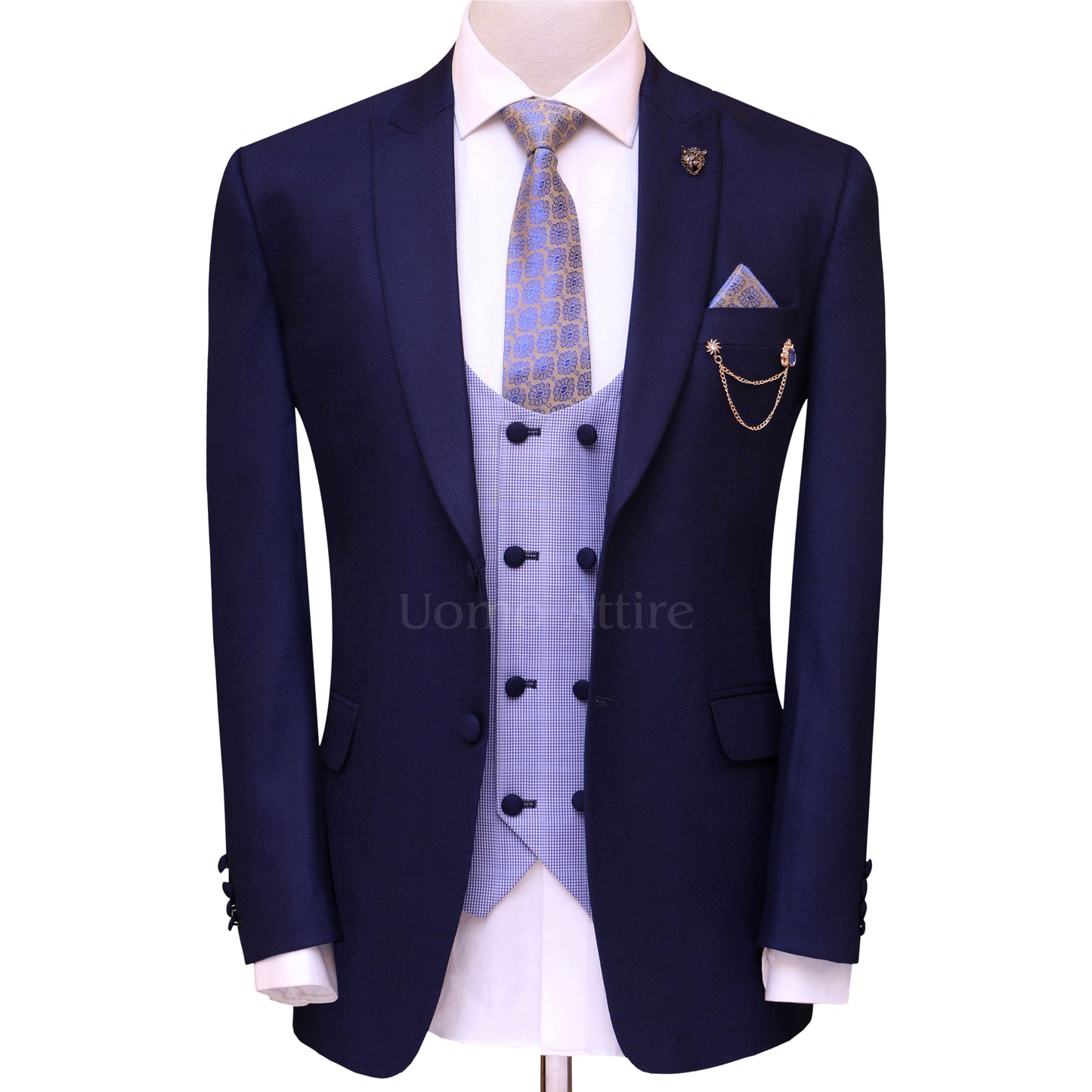 Custom-made deep midnight blue three piece suit, blue suit for men with check double breasted vest